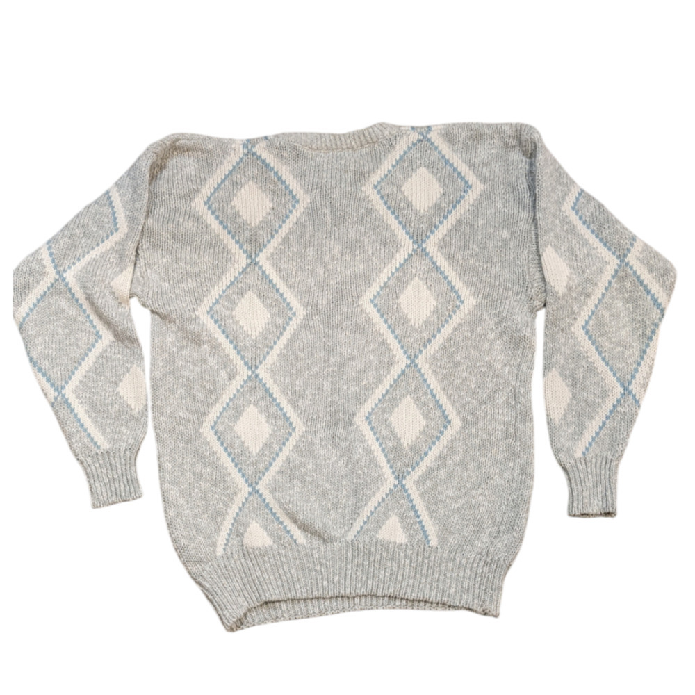 VTG Claiborne Cotton Cream Blue Argyle Knit Mens Sweater Grandpacore Large - Picture 2 of 9